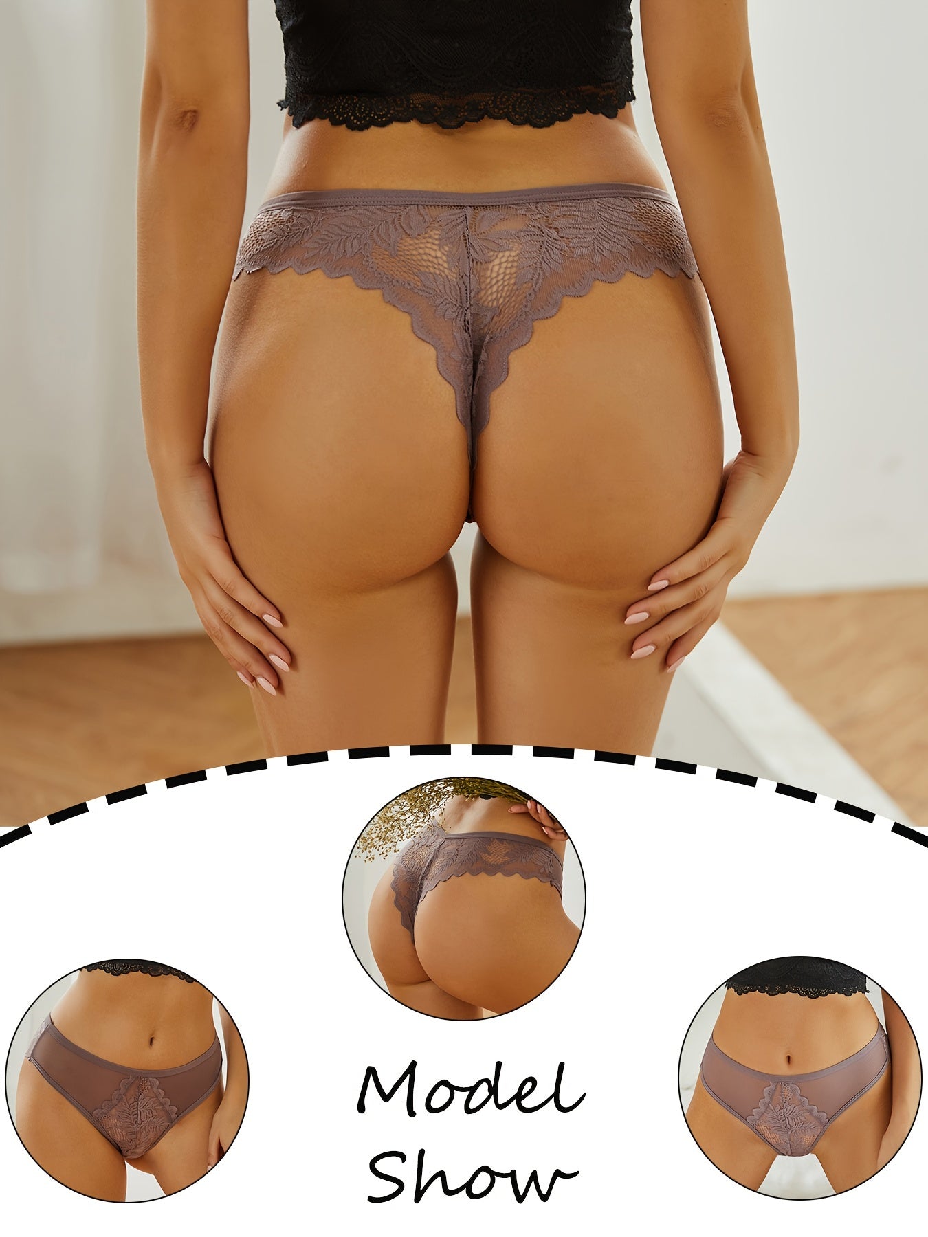 3 Pcs Sexy Lacy Trim Briefs, Breathable Semi-Sheer Thong, Women's Lingerie & Underwear
