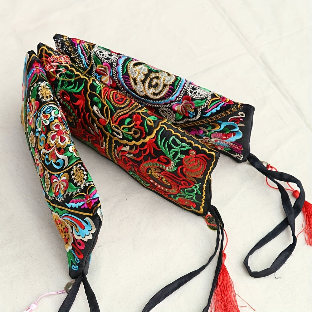 Vintage Square Phone Purse - Ethnic Floral Embroidery, Wristlet Strap