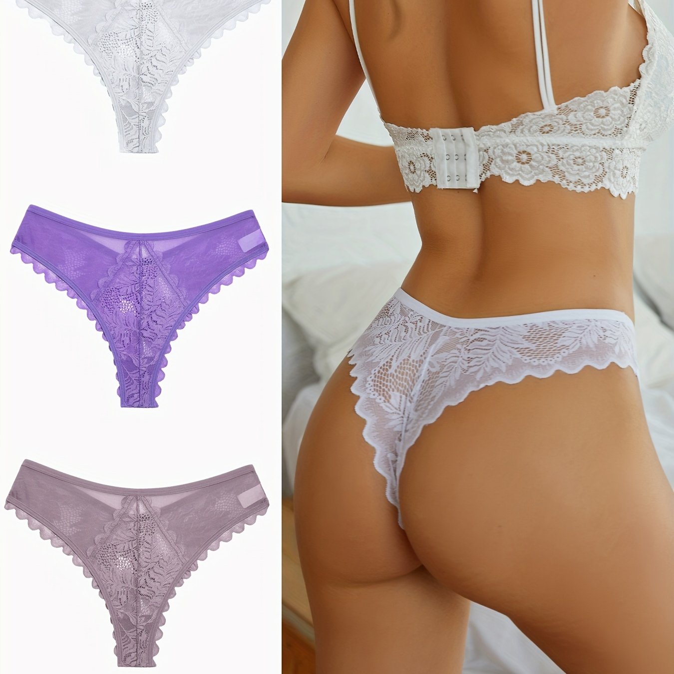 3 Pcs Sexy Lacy Trim Briefs, Breathable Semi-Sheer Thong, Women's Lingerie & Underwear