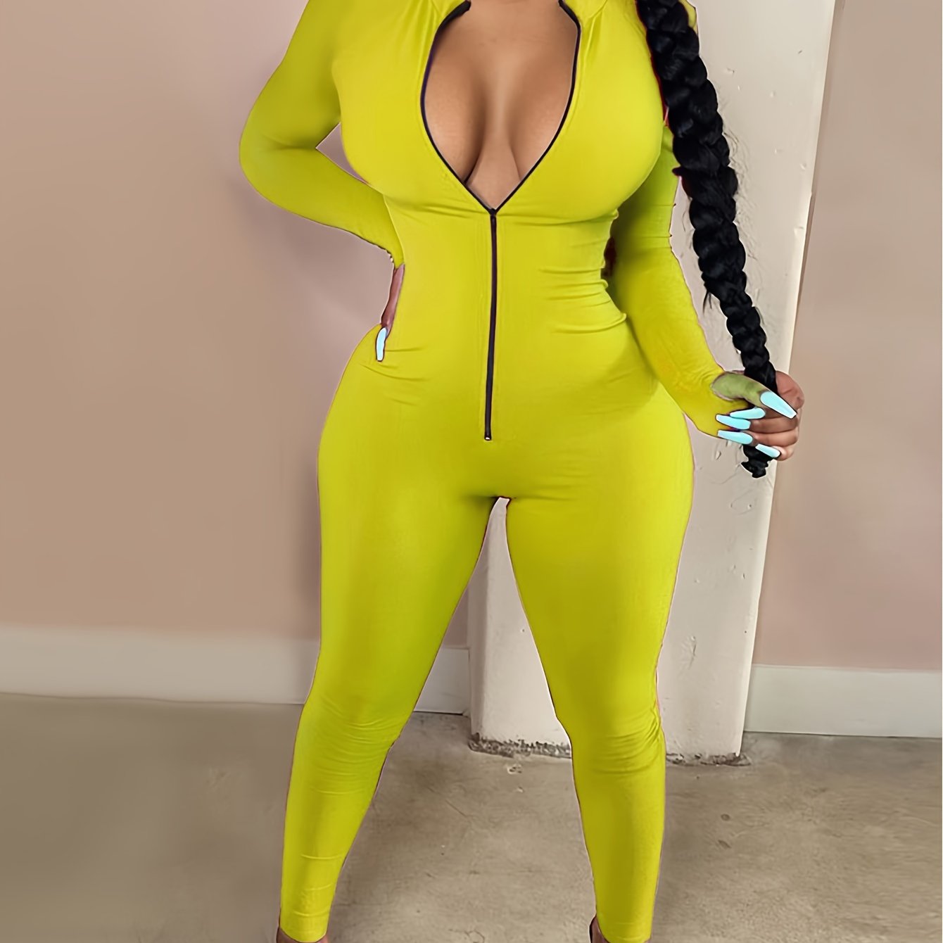 Women's Sexy Bodycon Zip Up Jumpsuit, Solid Long Sleeve Stretchy Jumpsuit