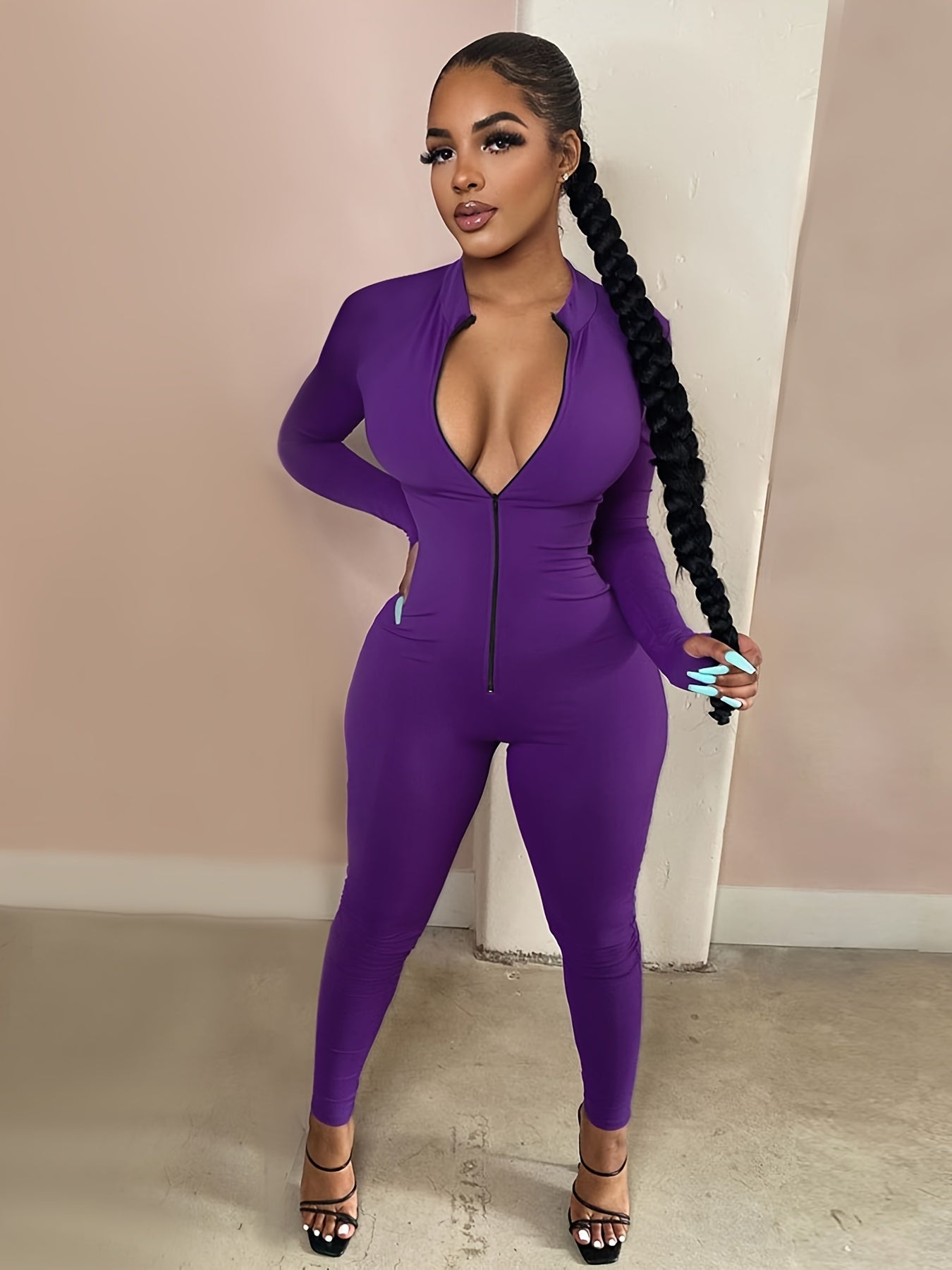 Women's Sexy Bodycon Zip Up Jumpsuit, Solid Long Sleeve Stretchy Jumpsuit