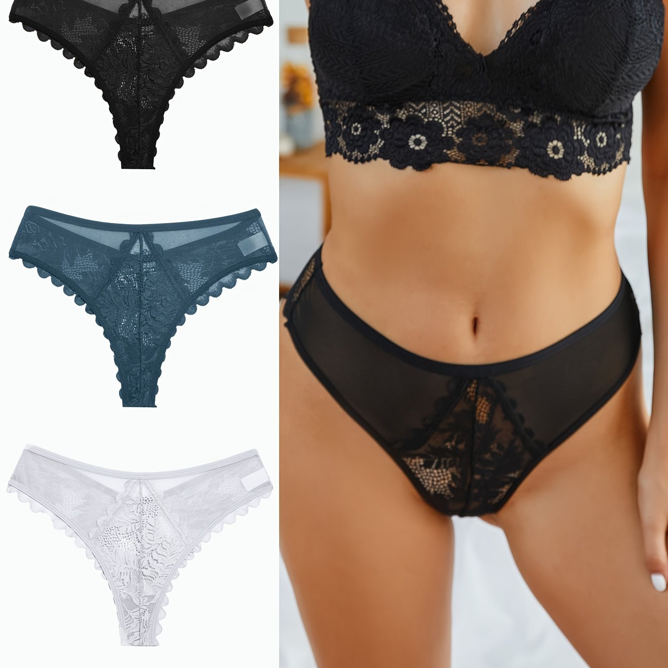 3 Pcs Sexy Lacy Trim Briefs, Breathable Semi-Sheer Thong, Women's Lingerie & Underwear