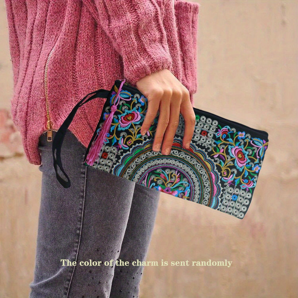 Vintage Square Phone Purse - Ethnic Floral Embroidery, Wristlet Strap