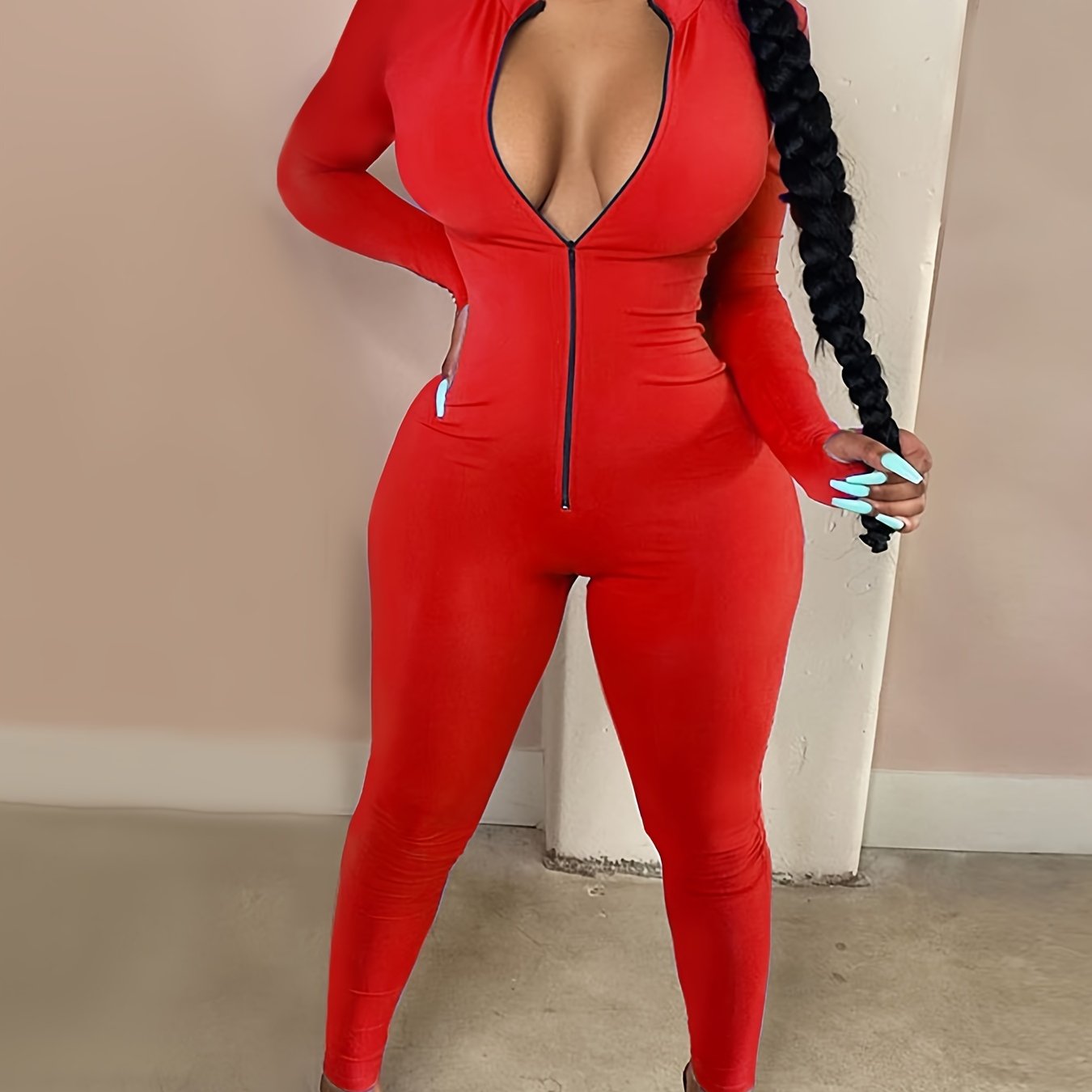Women's Sexy Bodycon Zip Up Jumpsuit, Solid Long Sleeve Stretchy Jumpsuit