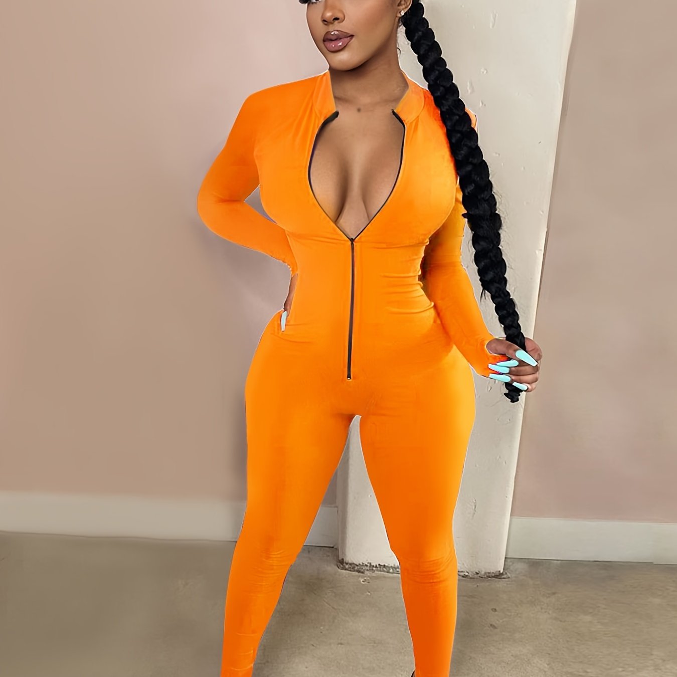 Women's Sexy Bodycon Zip Up Jumpsuit, Solid Long Sleeve Stretchy Jumpsuit