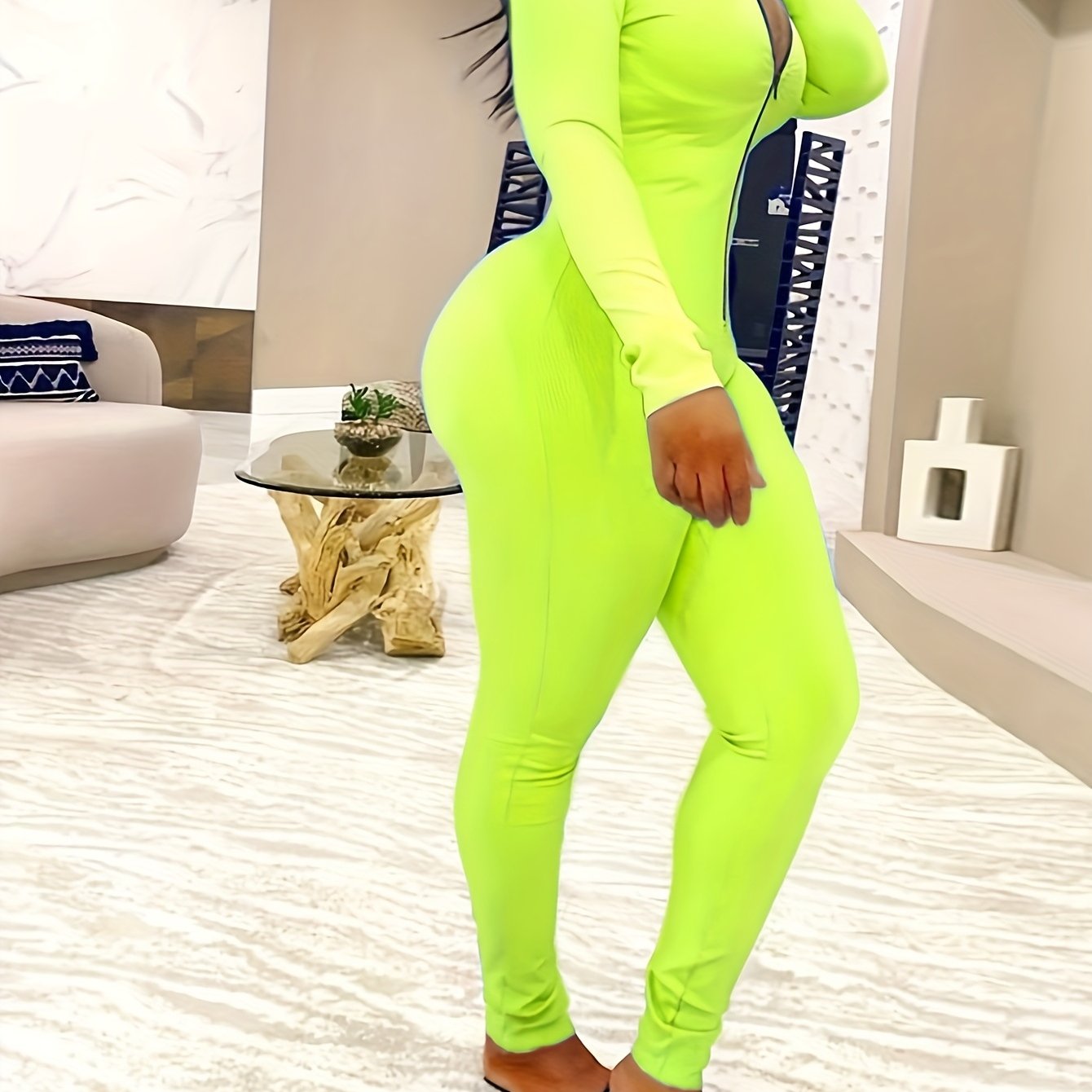 Women's Sexy Bodycon Zip Up Jumpsuit, Solid Long Sleeve Stretchy Jumpsuit