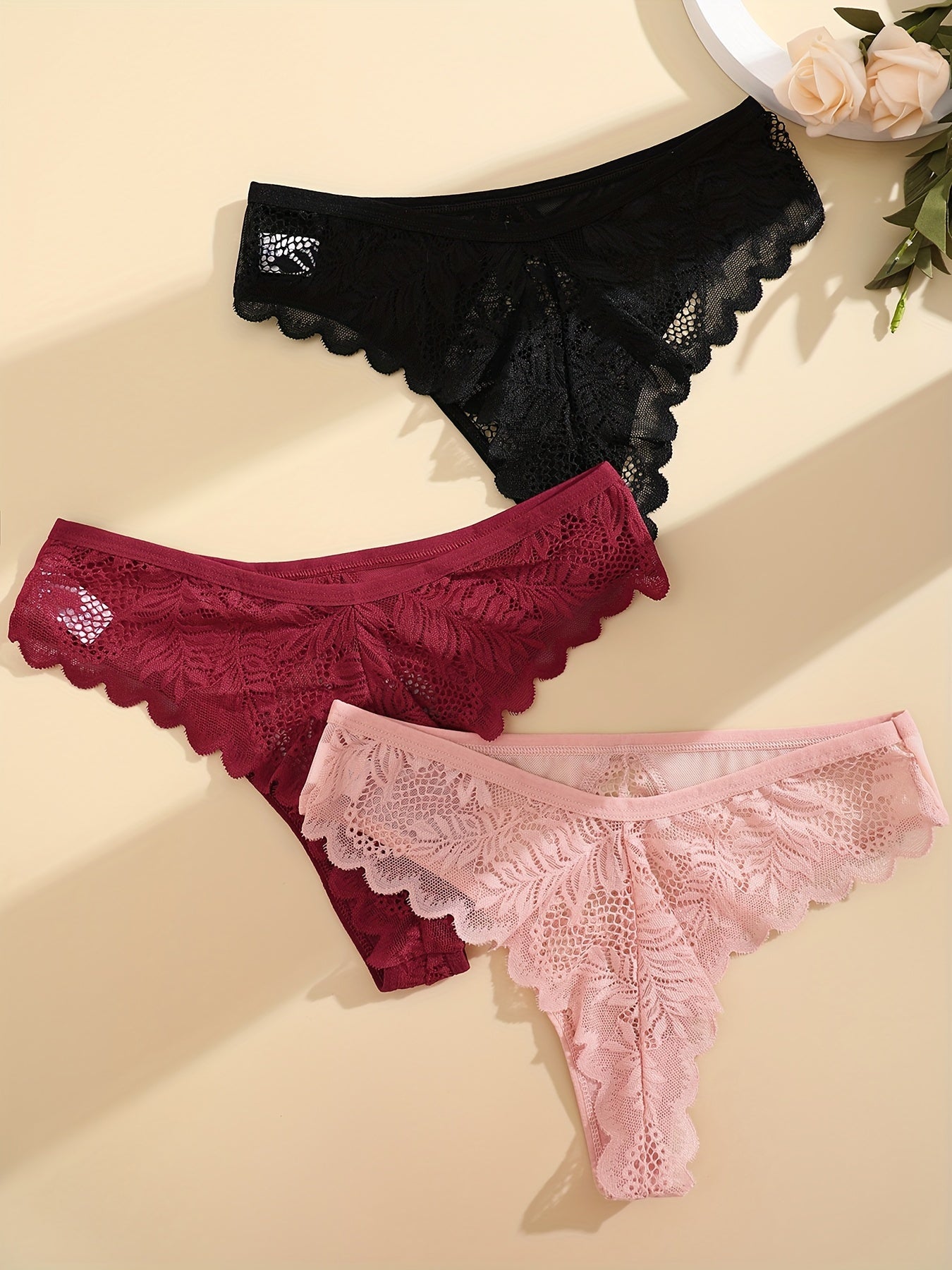 3 Pcs Sexy Lacy Trim Briefs, Breathable Semi-Sheer Thong, Women's Lingerie & Underwear