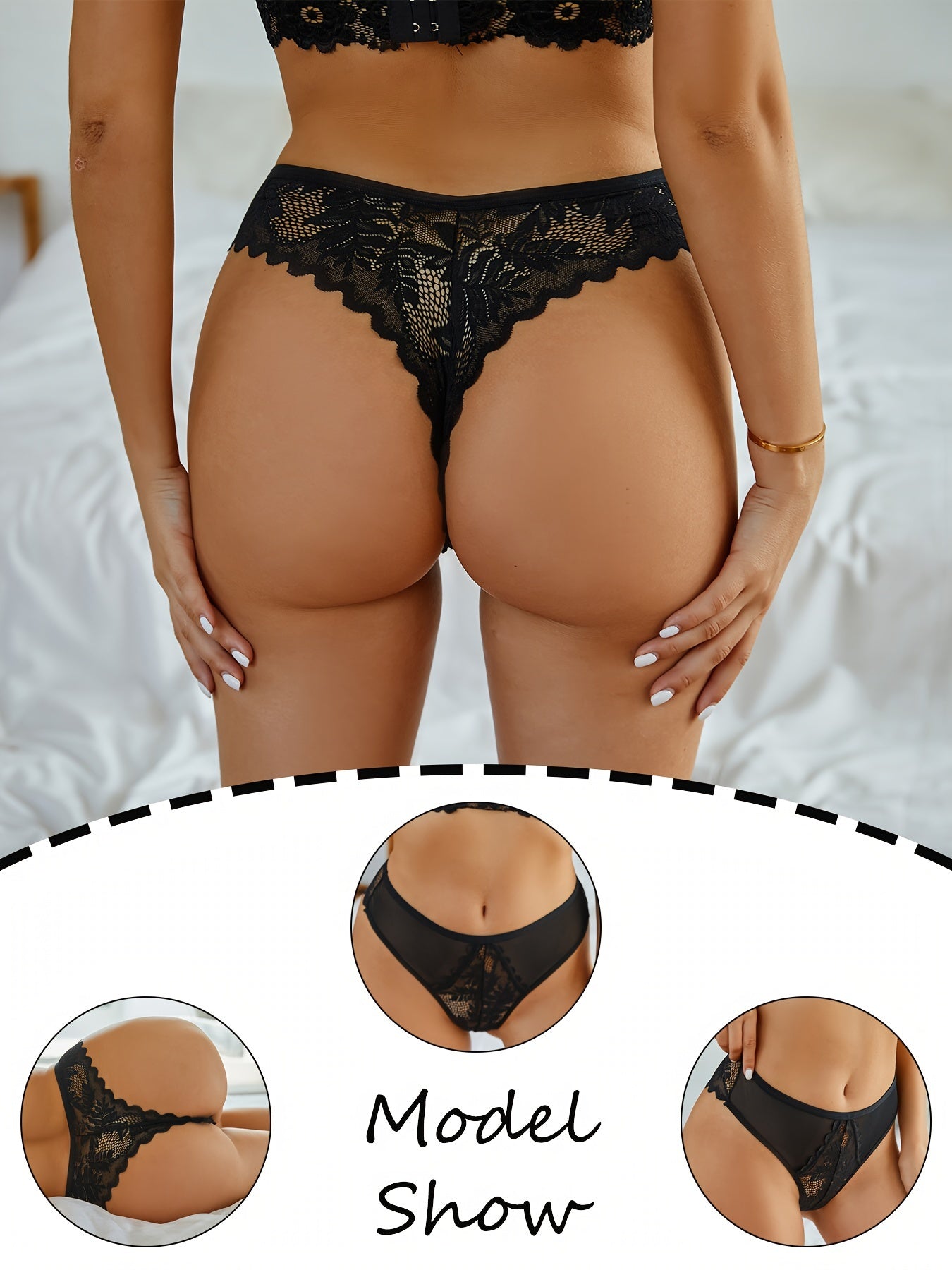3 Pcs Sexy Lacy Trim Briefs, Breathable Semi-Sheer Thong, Women's Lingerie & Underwear