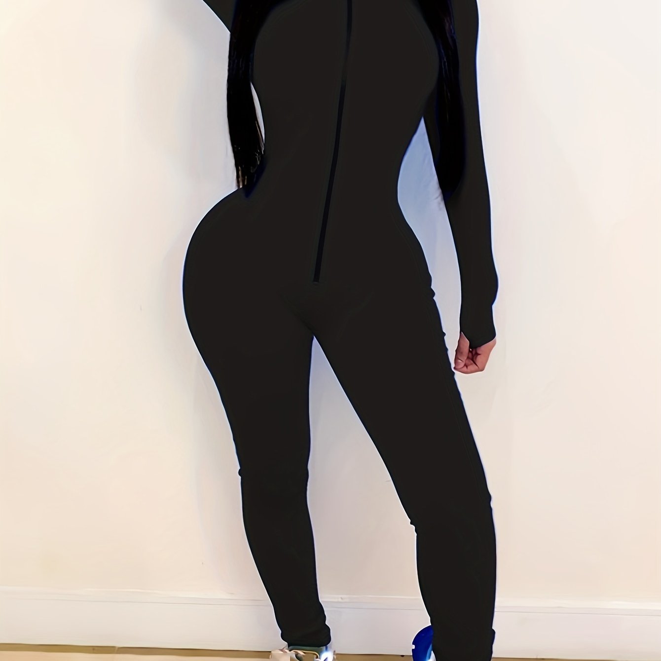 Women's Sexy Bodycon Zip Up Jumpsuit, Solid Long Sleeve Stretchy Jumpsuit