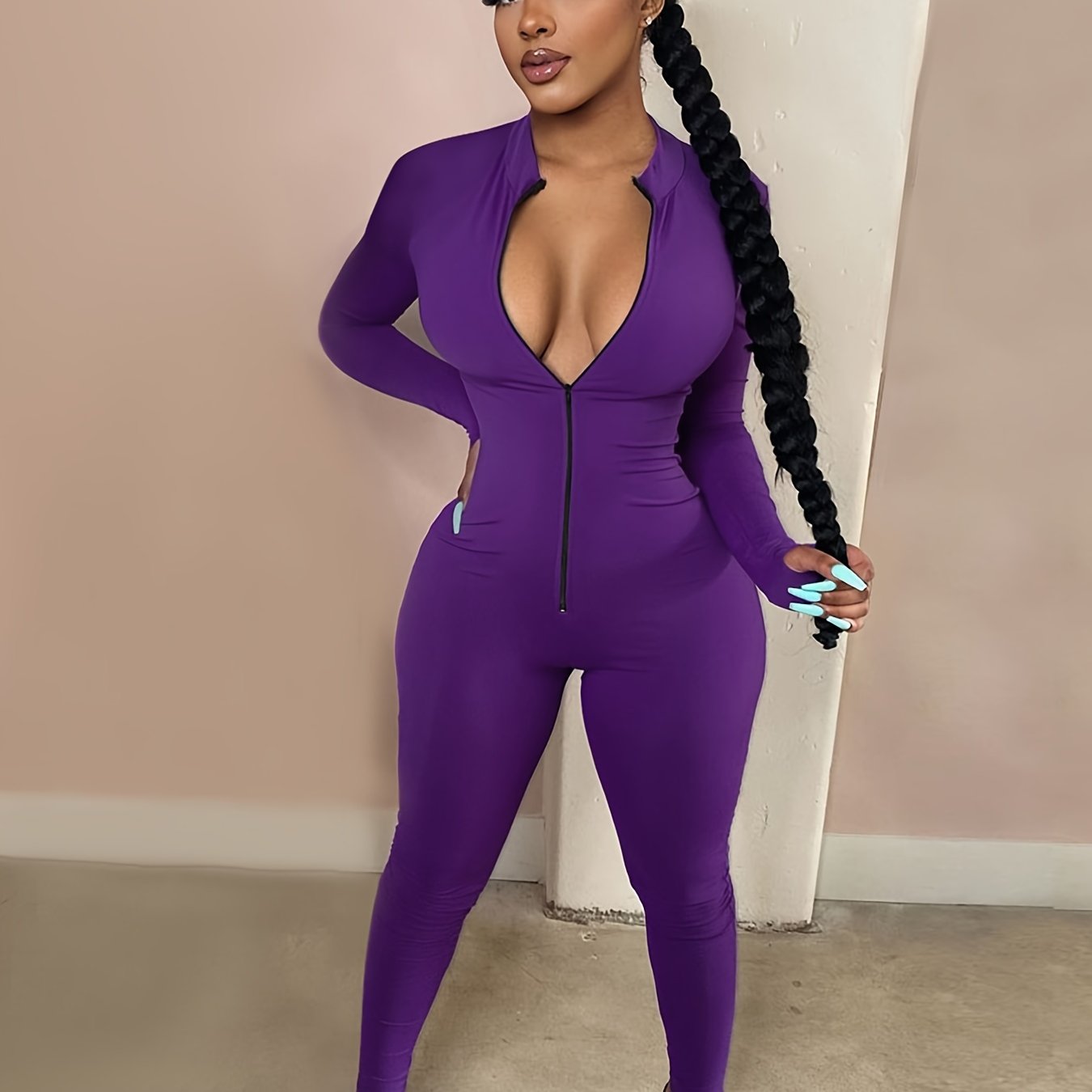 Women's Sexy Bodycon Zip Up Jumpsuit, Solid Long Sleeve Stretchy Jumpsuit