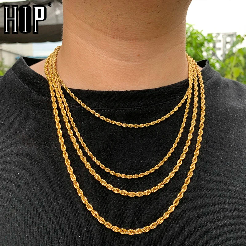 HIP Hop Width 3mm 4mm 5mm Rope Chain Necklace Twisted Gold Silver Color 316L Stainless Steel Necklaces