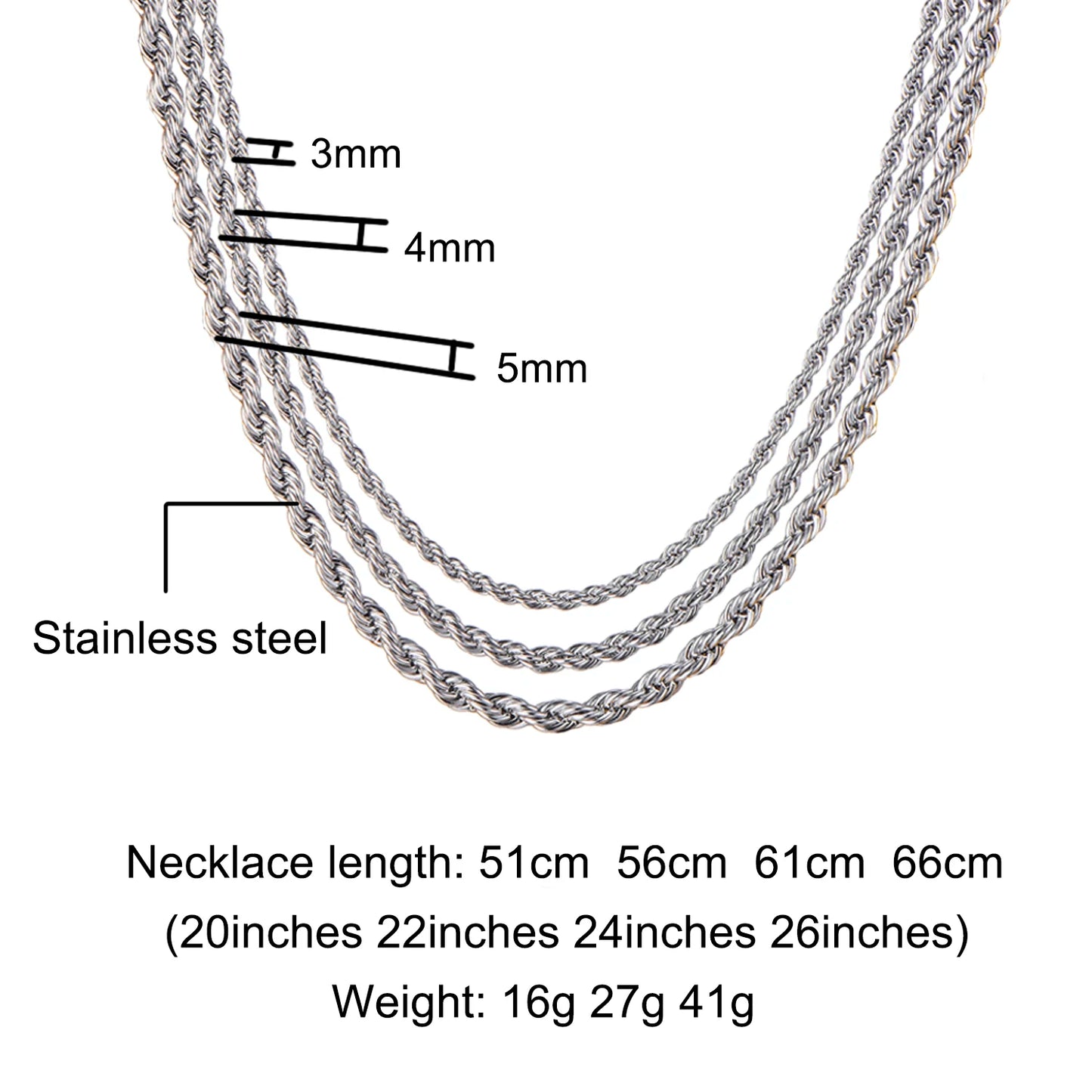 HIP Hop Width 3mm 4mm 5mm Rope Chain Necklace Twisted Gold Silver Color 316L Stainless Steel Necklaces