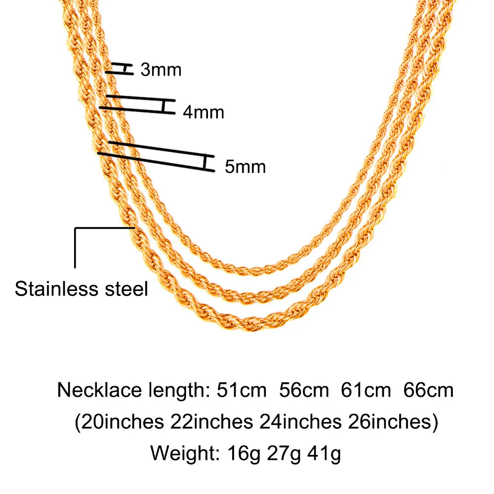 HIP Hop Width 3mm 4mm 5mm Rope Chain Necklace Twisted Gold Silver Color 316L Stainless Steel Necklaces