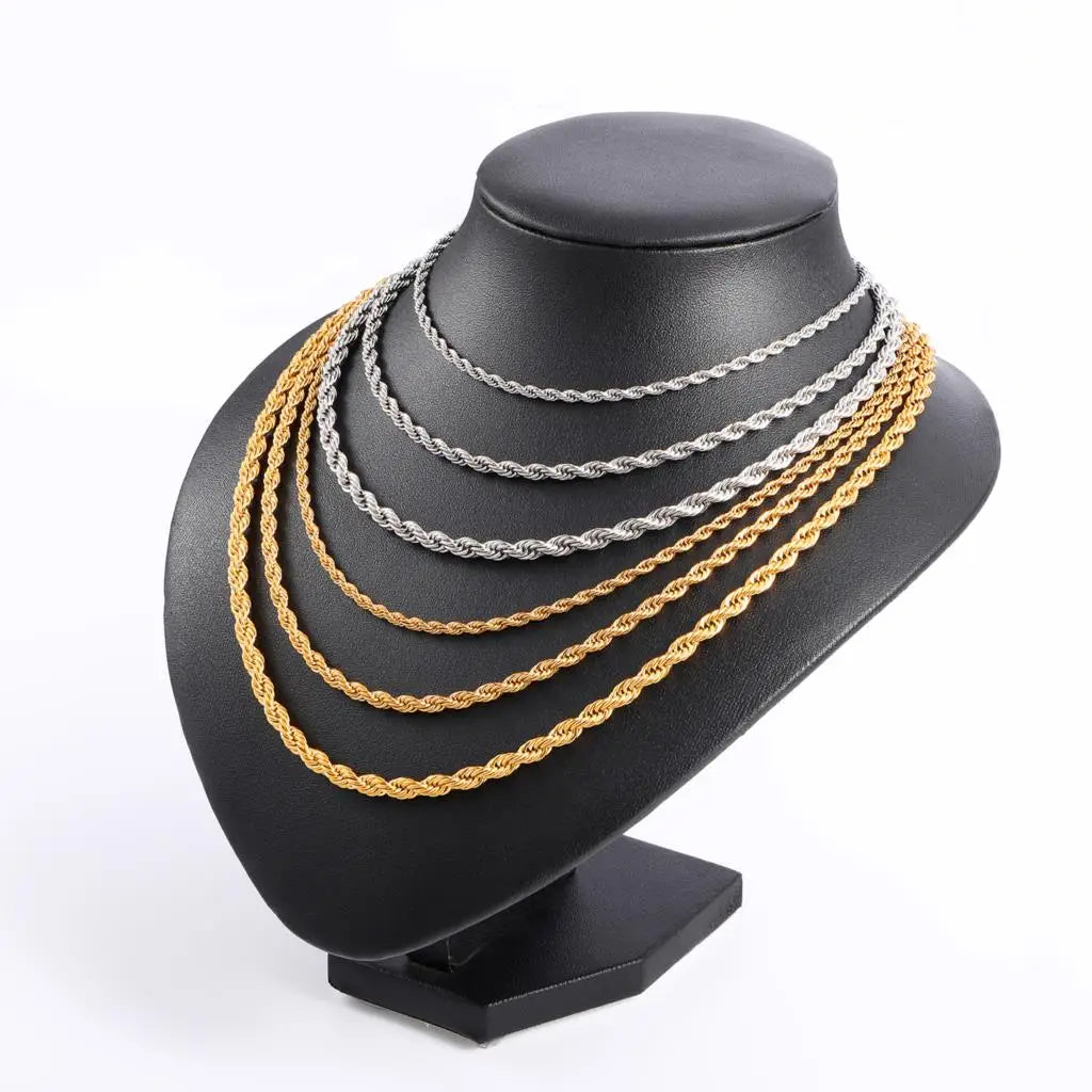 HIP Hop Width 3mm 4mm 5mm Rope Chain Necklace Twisted Gold Silver Color 316L Stainless Steel Necklaces