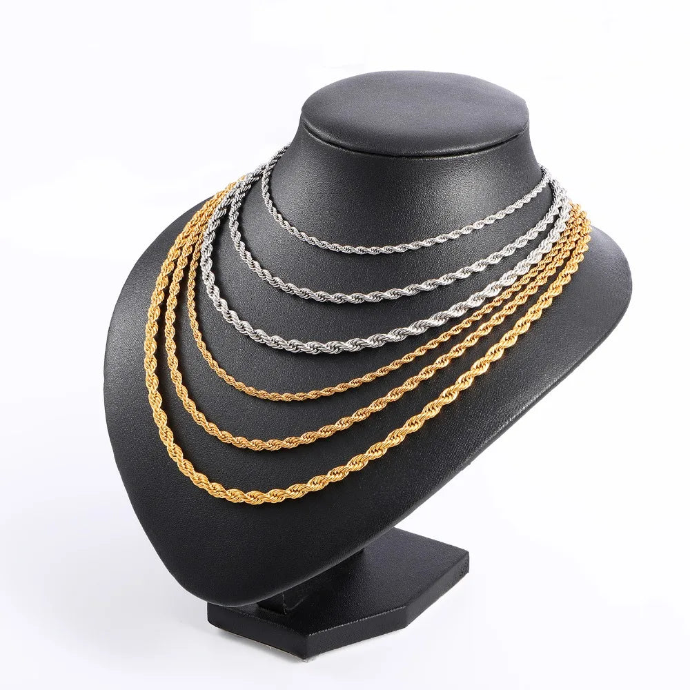 HIP Hop Width 3mm 4mm 5mm Rope Chain Necklace Twisted Gold Silver Color 316L Stainless Steel Necklaces