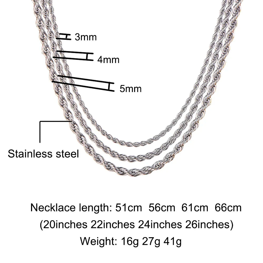 HIP Hop Width 3mm 4mm 5mm Rope Chain Necklace Twisted Gold Silver Color 316L Stainless Steel Necklaces