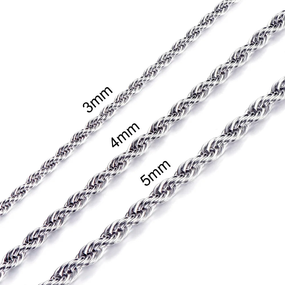 HIP Hop Width 3mm 4mm 5mm Rope Chain Necklace Twisted Gold Silver Color 316L Stainless Steel Necklaces