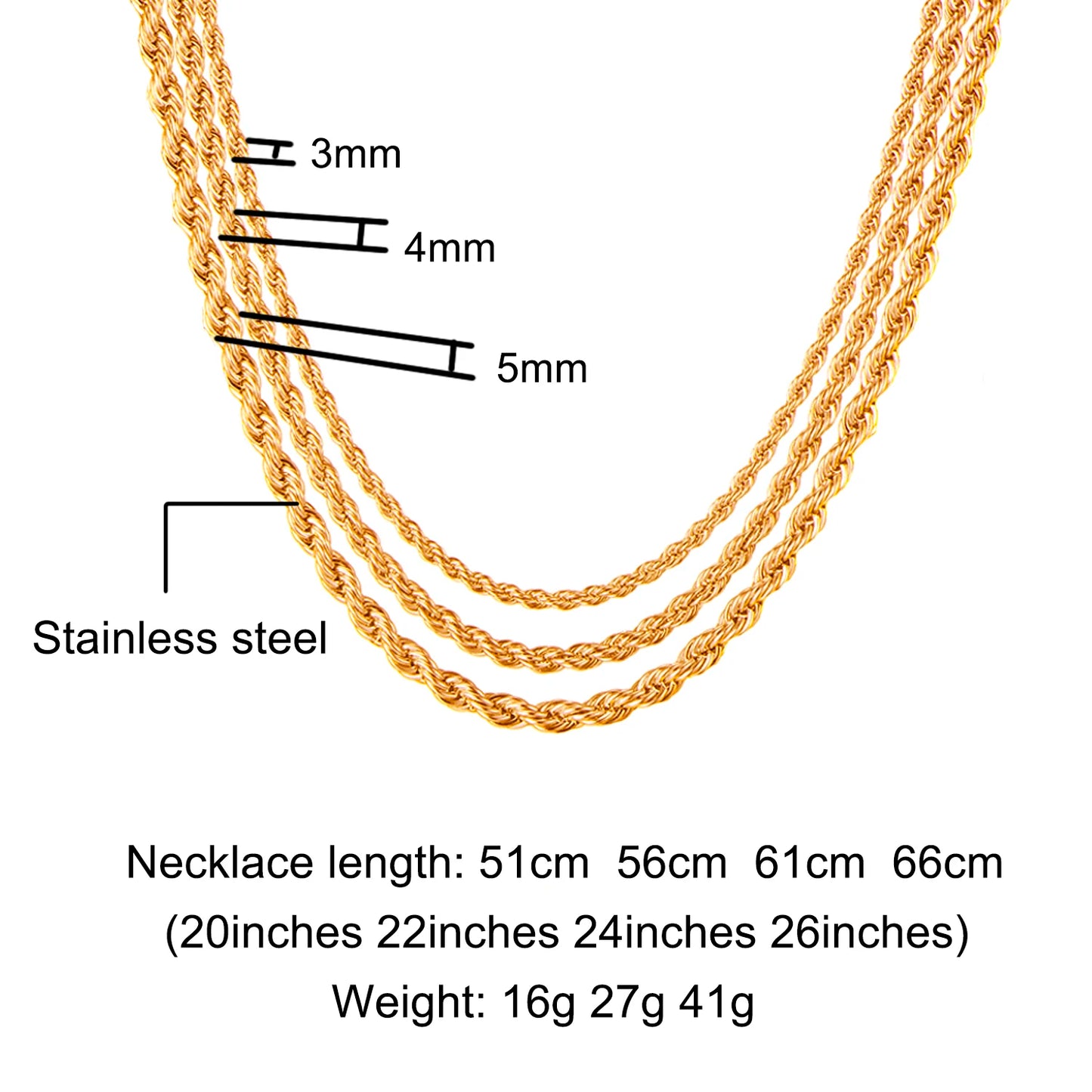 HIP Hop Width 3mm 4mm 5mm Rope Chain Necklace Twisted Gold Silver Color 316L Stainless Steel Necklaces