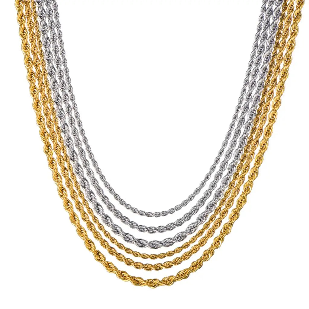 HIP Hop Width 3mm 4mm 5mm Rope Chain Necklace Twisted Gold Silver Color 316L Stainless Steel Necklaces