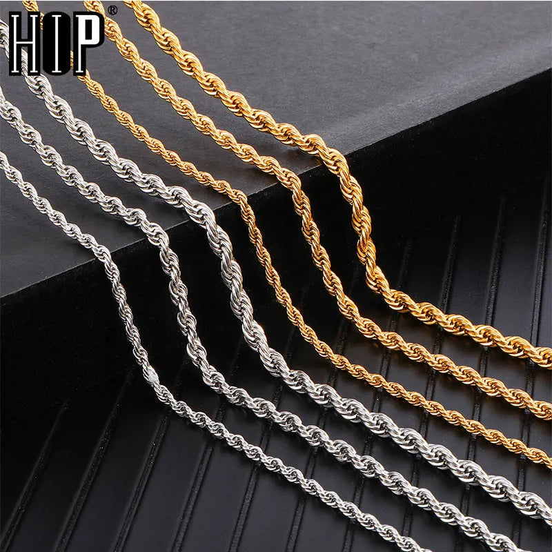 HIP Hop Width 3mm 4mm 5mm Rope Chain Necklace Twisted Gold Silver Color 316L Stainless Steel Necklaces