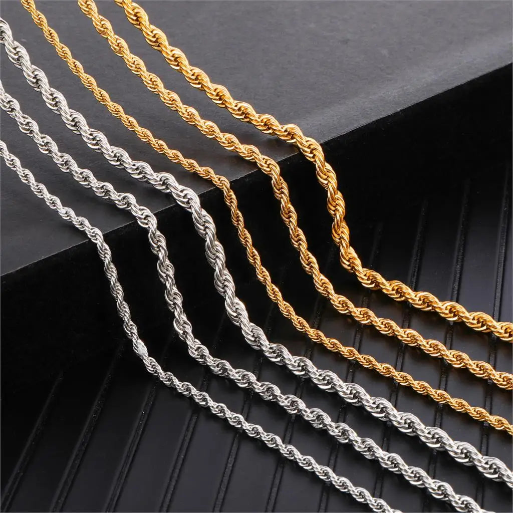 HIP Hop Width 3mm 4mm 5mm Rope Chain Necklace Twisted Gold Silver Color 316L Stainless Steel Necklaces