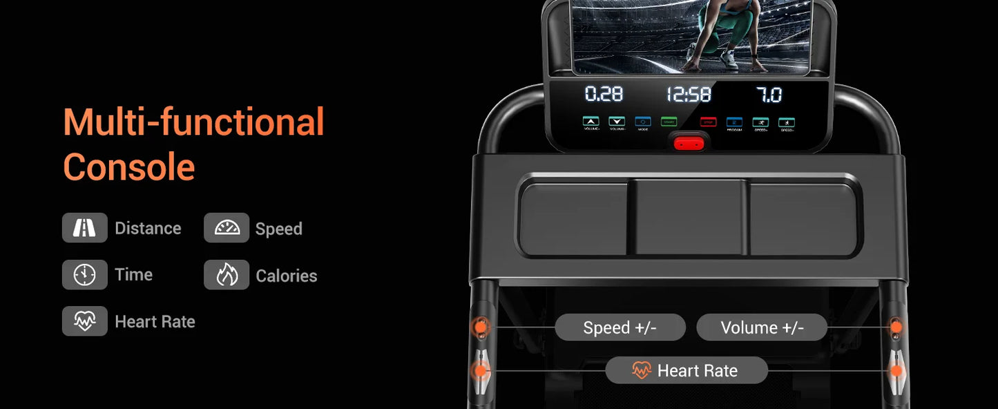 3.0HP Brushless Foldable Home Treadmill | 300LB Capacity | HR Monitor & Dual Shock