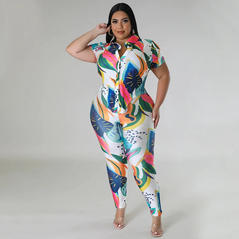 Perl Plus Size Printed Casual Two Piece Set Women Outfit Leisure