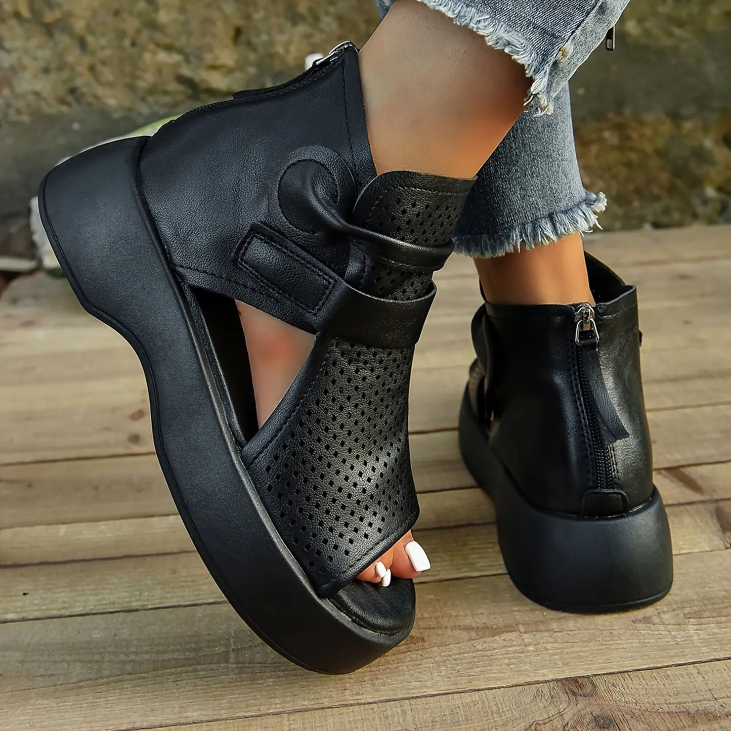 Women'S Leather Upper Plus Size Sandals Open Toe Roman Thick Sole Flat