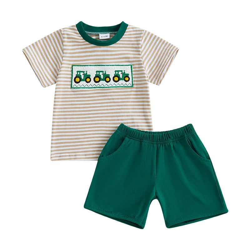 Cute Infant Farm Theme Clothing Set with Tractor Design Short Sleeve Tee and Solid Shorts with Pockets for Little Boys 2