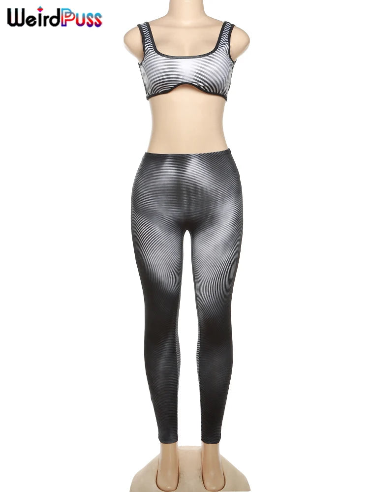 Weird Puss Gradient Print 2 Piece Set Women Skinny Striped Stretch