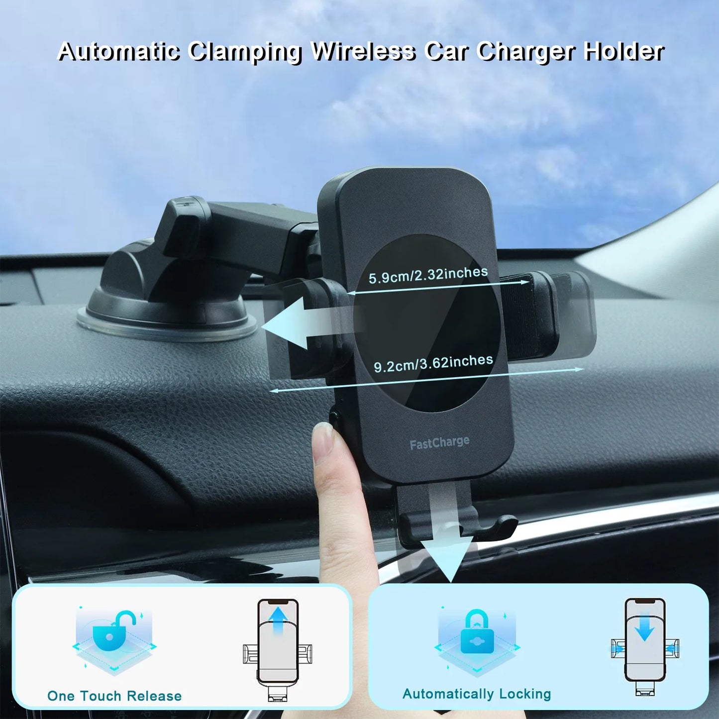 Wireless Car Charger, 15W Fast Charging Auto Clamping Car Charger, windshield