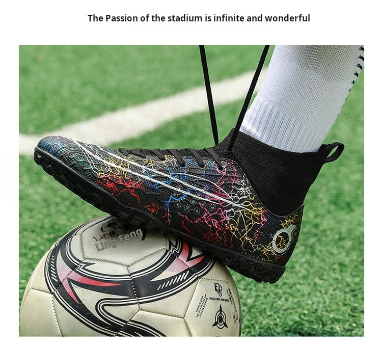 Mens Boys Professional Football Boots TF/FG Soccer Shoes High Ankle Kids Cleats