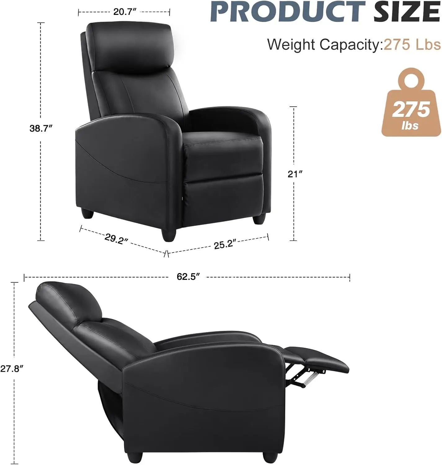 Recliner Chair for Adults, Massage PU Leather Small Recliner Home