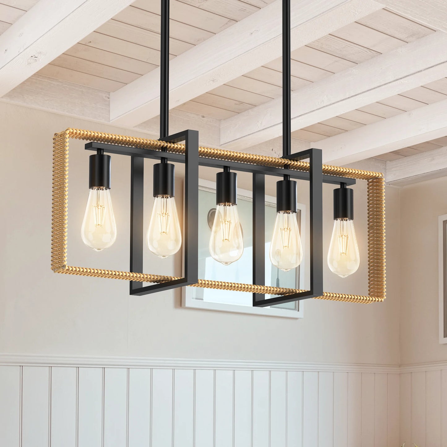 5 Lights Celling Light Fixture Rattan Pendant Height Adjustable Indoor