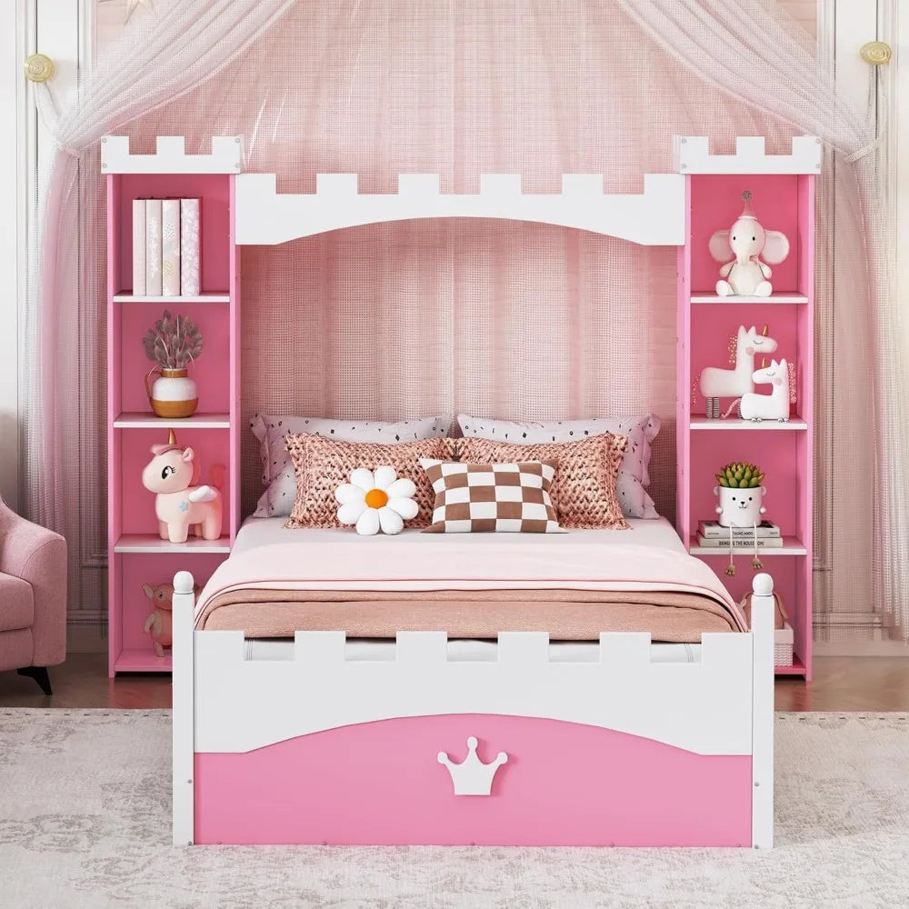 Bed with Storage Shelf, Dreamy Twin Size Platform Bed for Kids Bedroom