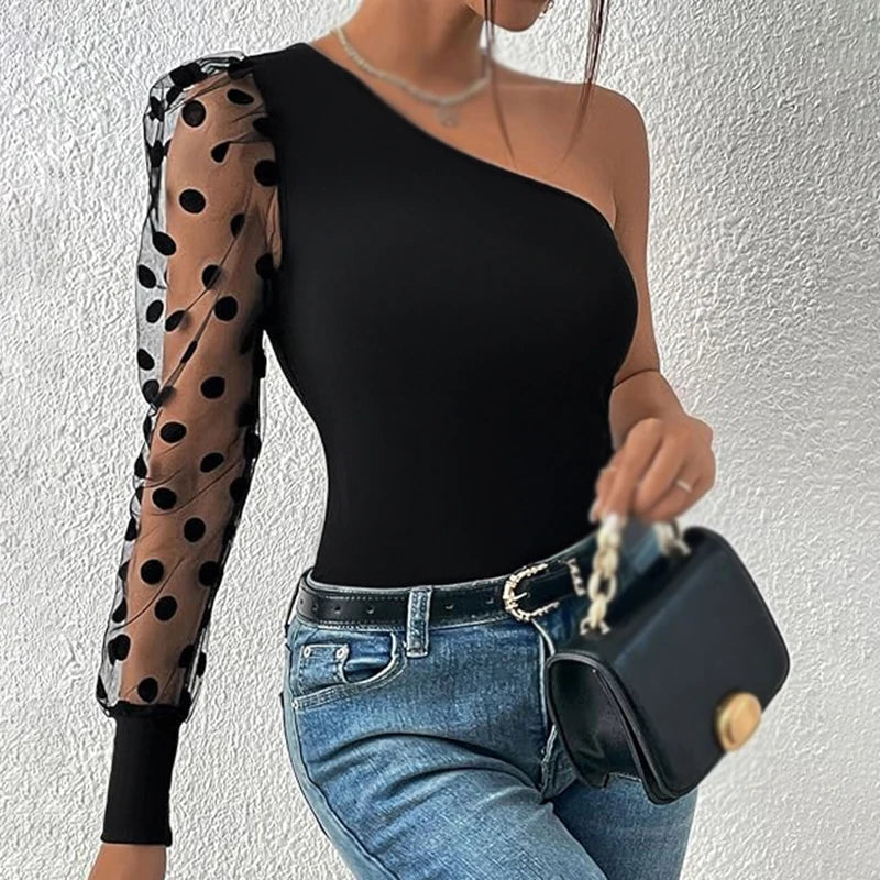 Spring Summer Women Sexy Mesh Tshirt Pullover Top Tees One Shoulder