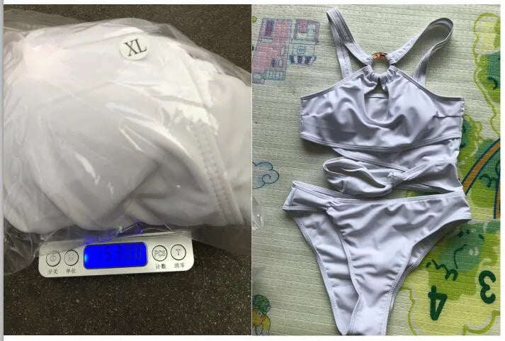 Sexy Halter Irregular Cutting Bikini Set Push-Up Bra Padded Swimsuit White Slim