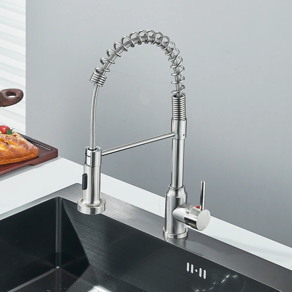 Matte Black Kitchen Sink Faucet One Handle Spring Hot and Cold Water Tap
