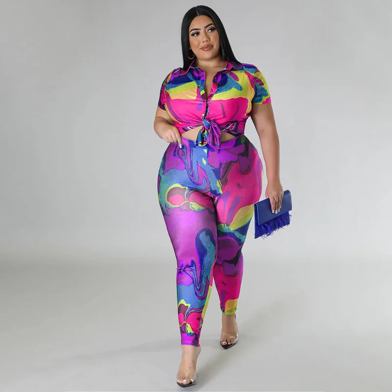 Perl Plus Size Printed Casual Two Piece Set Women Outfit Leisure