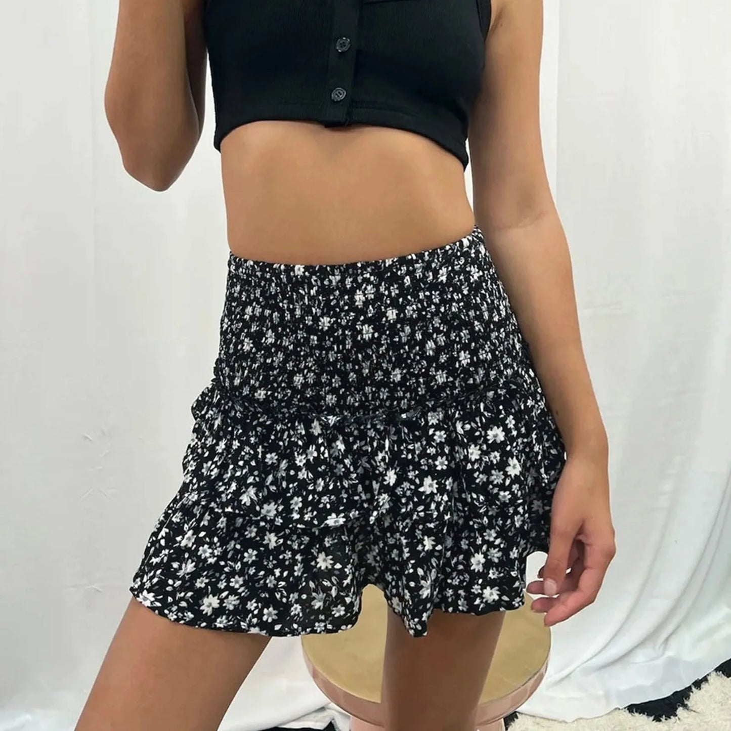 Women's Sexy Skirt Pleated Ruffle Ruched Hem Little Floral Printed Fashion Boho