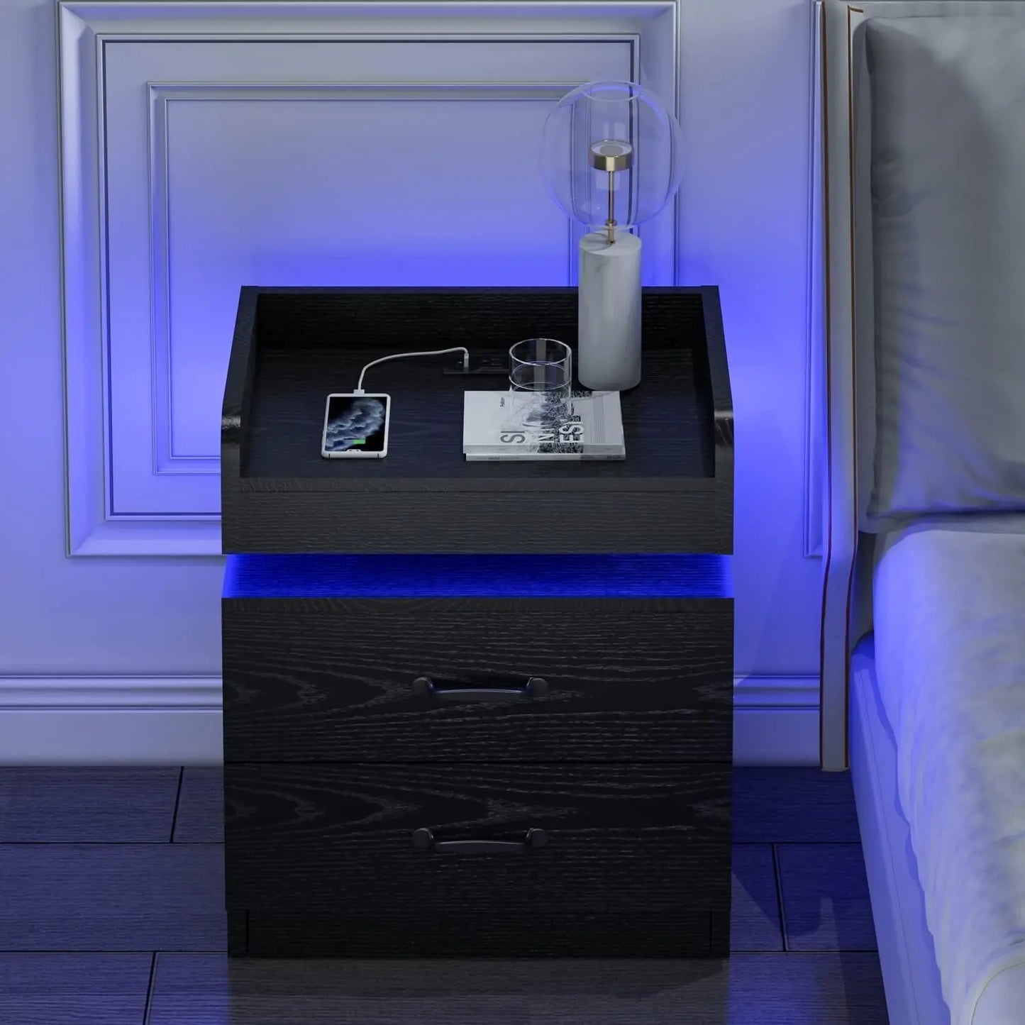 Set of 2 with Charging Station, Black Night Stand with LED Lights, Modern