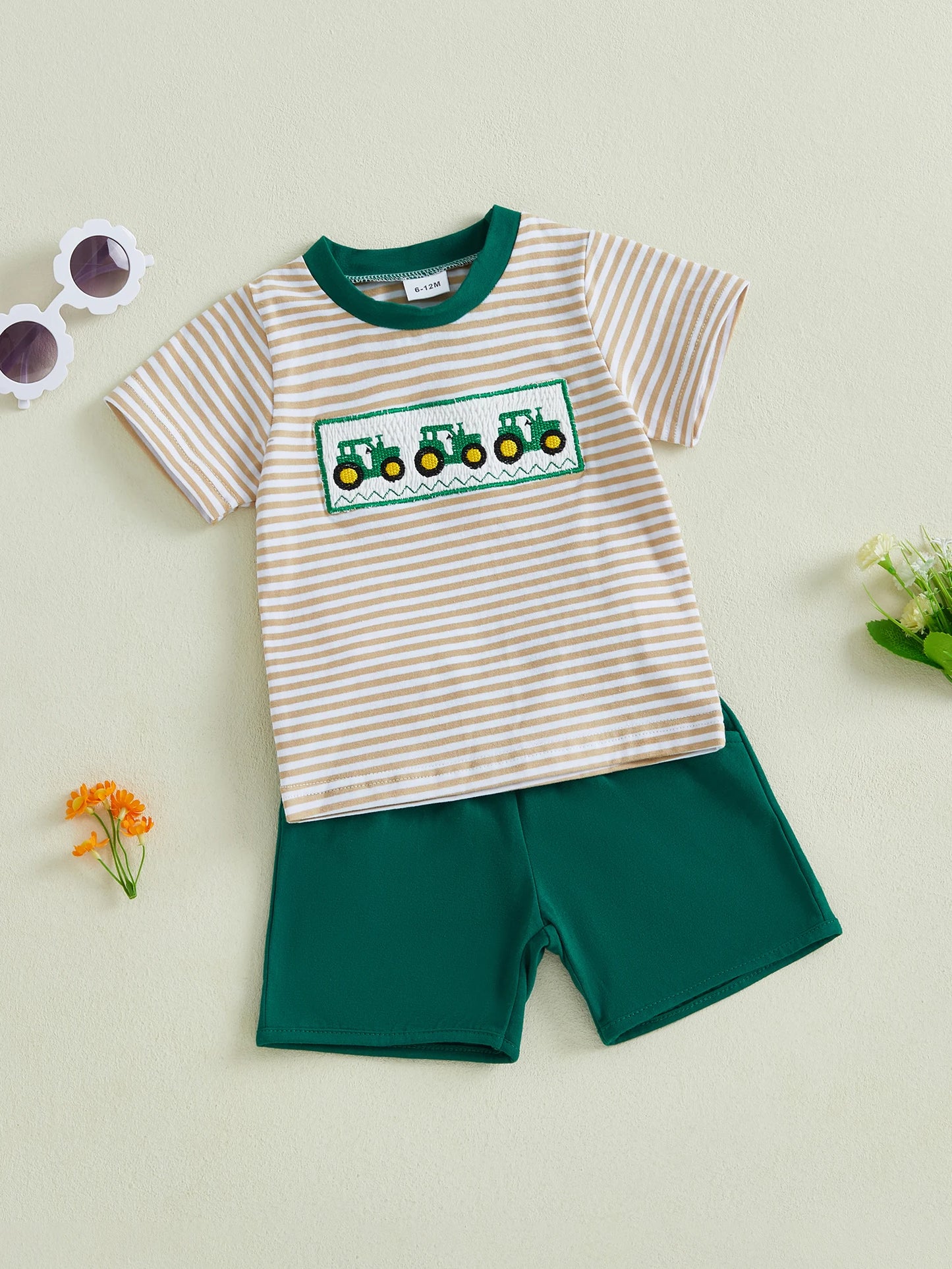 Cute Infant Farm Theme Clothing Set with Tractor Design Short Sleeve Tee and Solid Shorts with Pockets for Little Boys 2