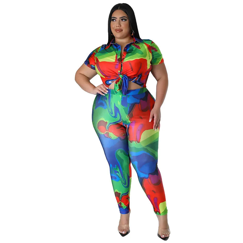 Perl Plus Size Printed Casual Two Piece Set Women Outfit Leisure