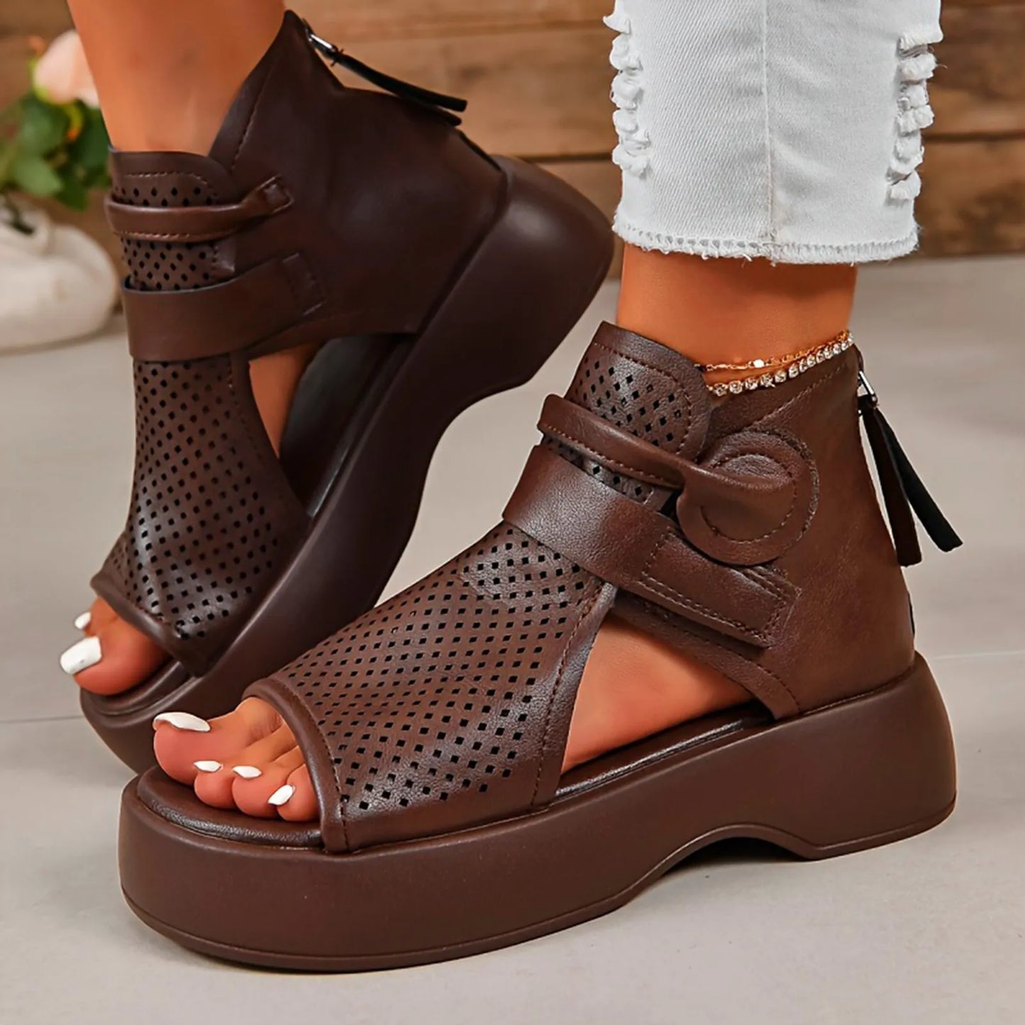 Women'S Leather Upper Plus Size Sandals Open Toe Roman Thick Sole Flat