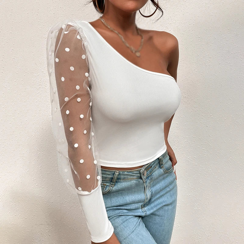 Spring Summer Women Sexy Mesh Tshirt Pullover Top Tees One Shoulder