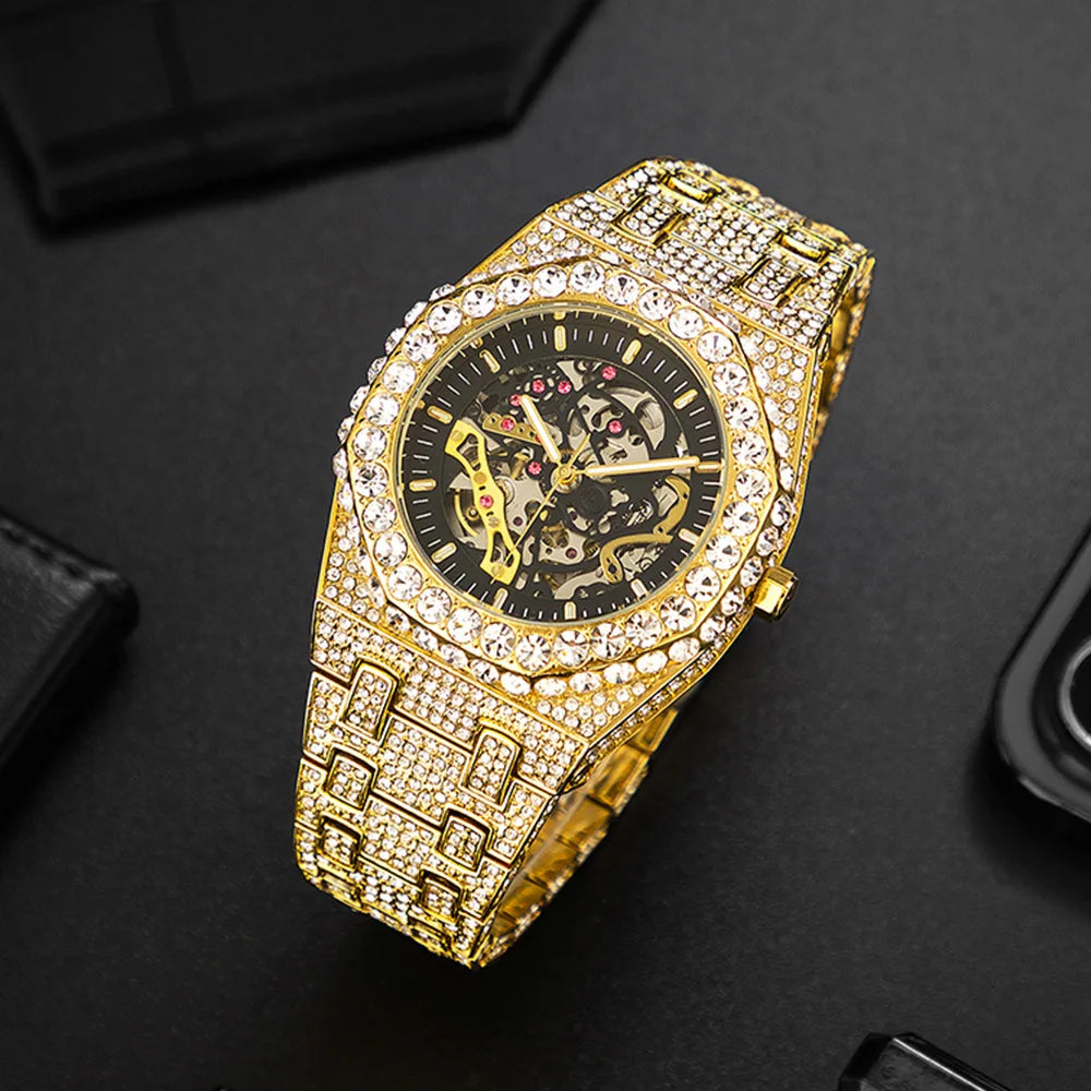 Ice Hollow Out Watch for Men Quartz Clock Mechanical Rhinestone Glow Waterproof