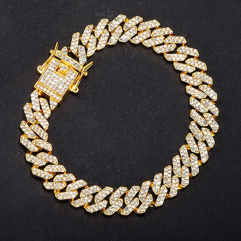 Hip Hop 13MM Rhinestones Prong Iced Out Cuban Link Chain Bracelet