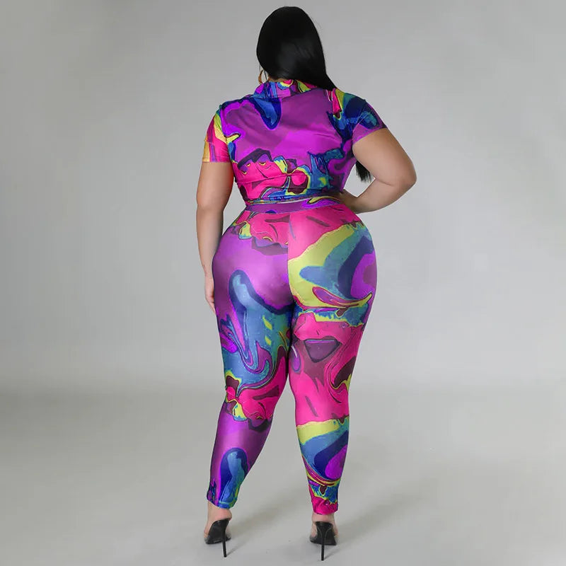 Perl Plus Size Printed Casual Two Piece Set Women Outfit Leisure