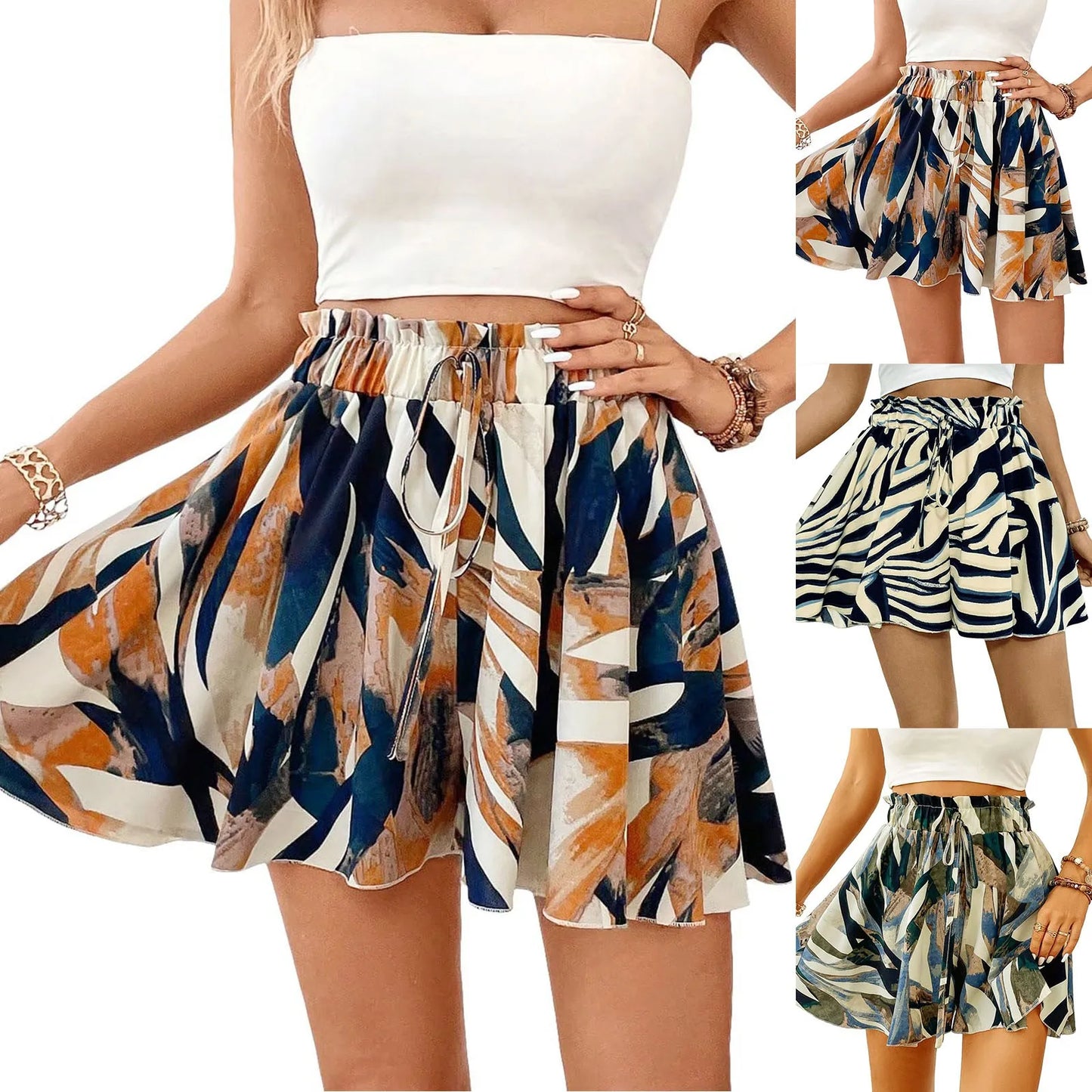 Women Summer Shorts Floral Print Drawstrings Elastic Waist Bohemian