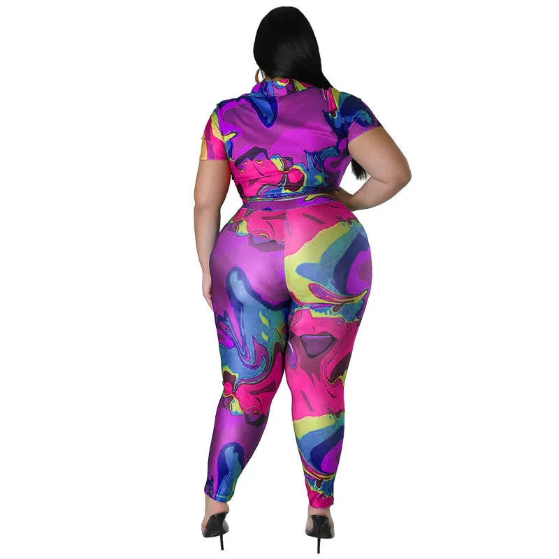 Perl Plus Size Printed Casual Two Piece Set Women Outfit Leisure